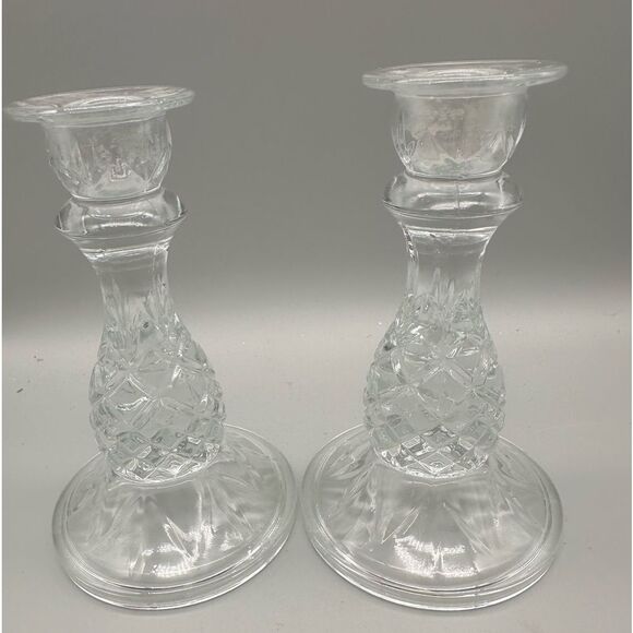 Crystal Pineapple clear glass candleholder set - Picture 1 of 8